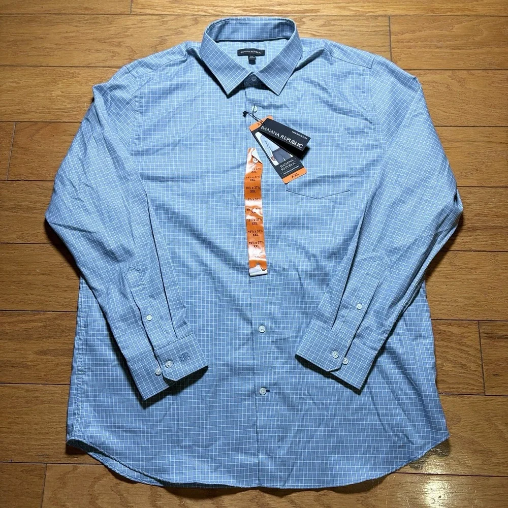 NWT Banana Republic Shirt Mens 2XL Blue Check Non Iron Slim Fit Cotton Check
